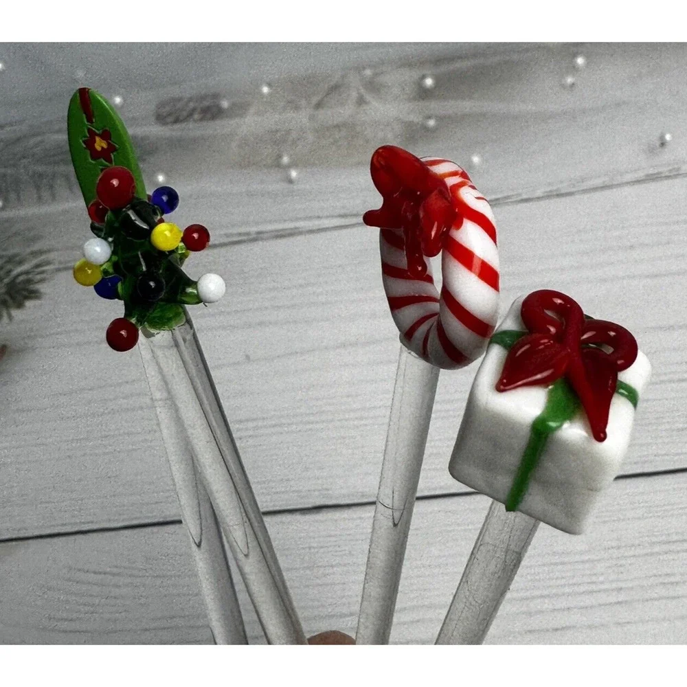 Pier 1 Glass Cocktail Swizzle Sticks Christmas Tree Presents‎ Wreath Surfboard